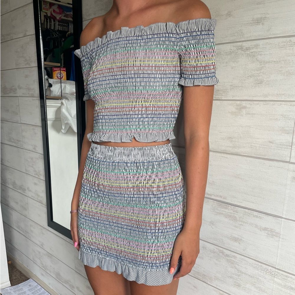 Storia Sz Small Smocked Shirred Rainbow Stripped Cropped Top  2 Piece Skirt Set